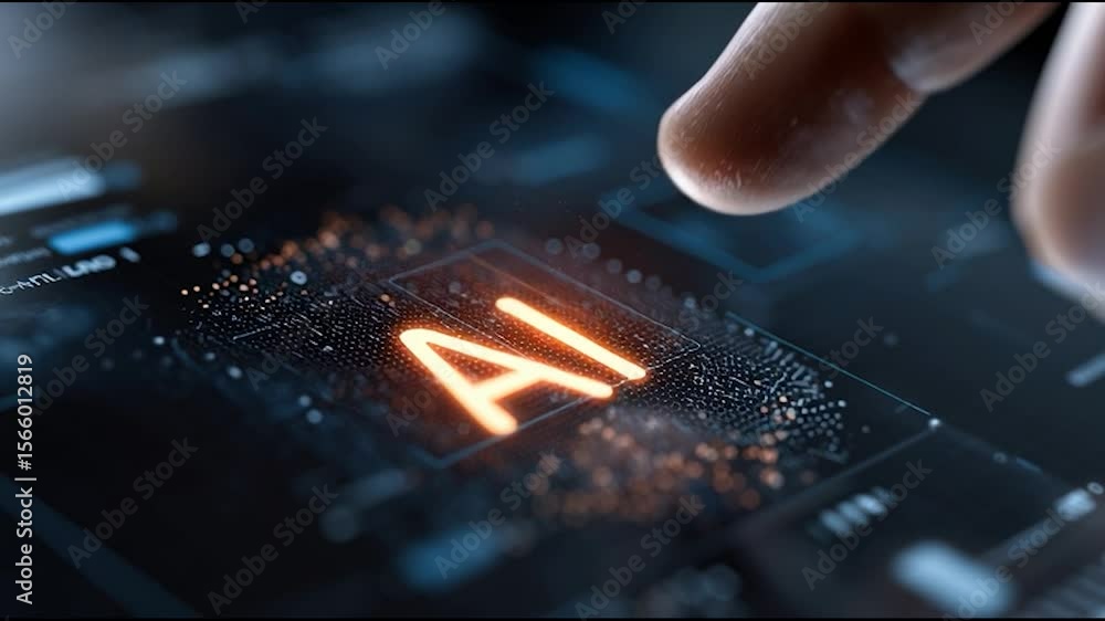 Poster ai interaction: a close-up shot of a finger interacting with a digital display featuring the ai logo