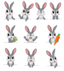 Nine gray cartoon rabbits are peering over a horizontal implied line