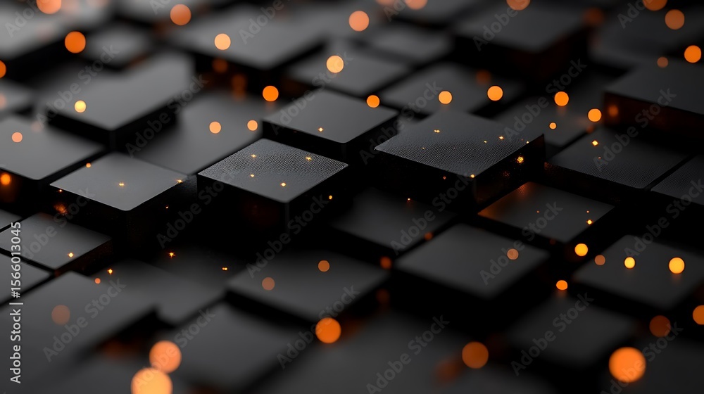 Poster abstract 3d rendering of black cubes with glowing particles illustrating technology and digital conc