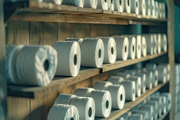 High Quality Image of Closeup Stack of Toilet Paper Rolls on Shelf