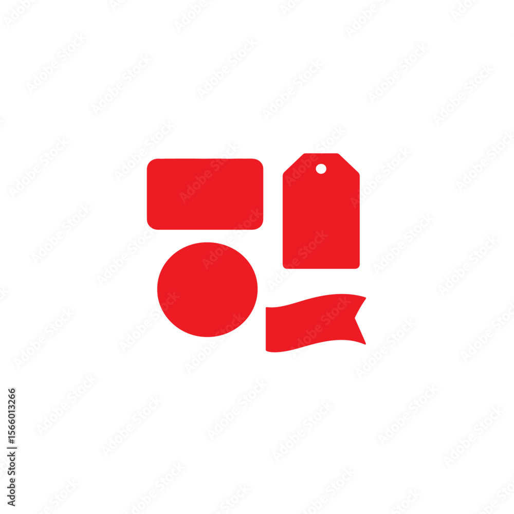 Poster a collection of red shapes including a tag circle banner and rectangle