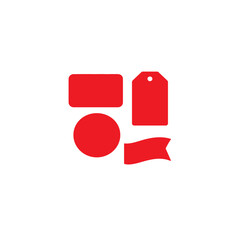 A collection of red shapes including a tag circle banner and rectangle
