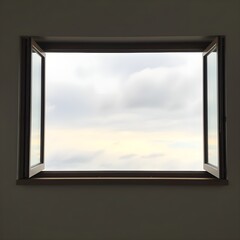 A wide open window revealing an overcast sky slowly clearing.