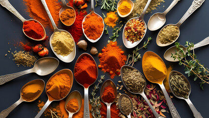 Assortment of colorful spices and herbs in antique spoons on a dark background