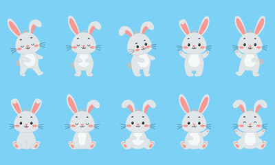 Ten grey rabbits with pink ears are arranged against a blue backdrop in a symmetrical pattern