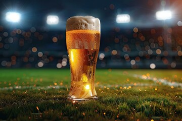 Glass of Beer on the Football Field with Stadium Lights in the Background