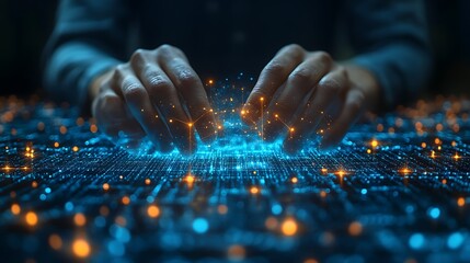 Hands interacting with digital network