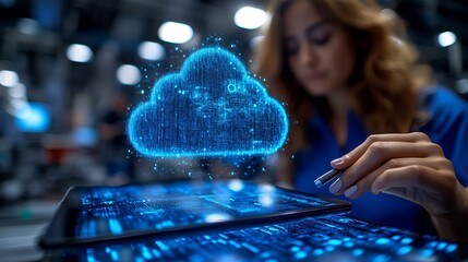 Woman working with digital cloud graphic