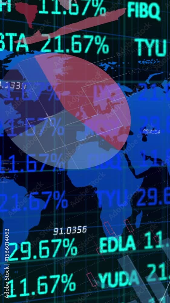 Poster animation of graphs, financial data and world map on black digital screen
