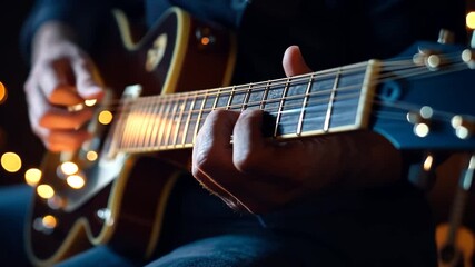 A close-up showcases a person playing a brown electric guitar, fingers poised on the strings. Warm bokeh lights blur in the background, illuminating the music-making moment in a studio setting - Powered by Adobe