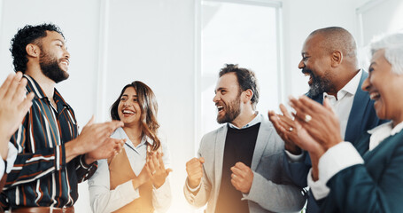 Applause, teamwork and business people in office for good news, achievement or goal in...