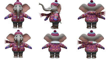 Cartoon elephant in winter clothing multiple views