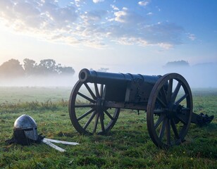 Historic War Site with Old Cannon, Medieval Sword and Helmet on Dewy Ground