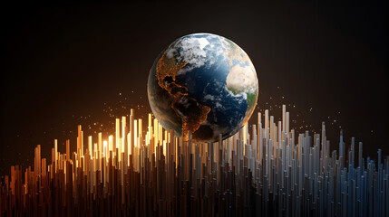 Earth globe hovering over rising bar graph with warm and cool color gradient on dark background