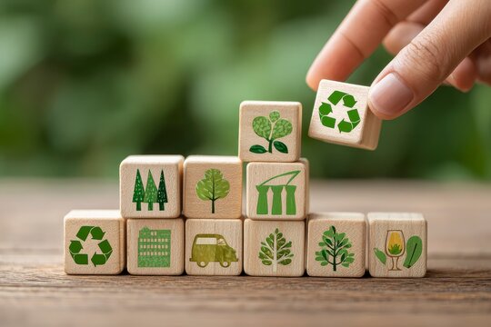 Eco-Friendly Icons on Wooden Blocks Arranged by Hand - Powered by Adobe