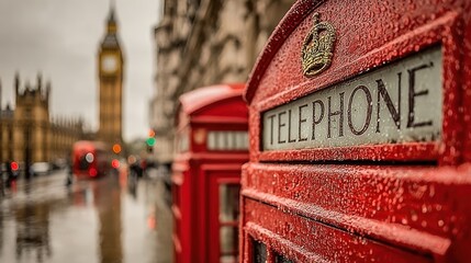 British telephone booth in London, rain