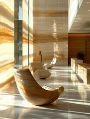 ultra quality image of Wooden and glass reception armchairs side high detail