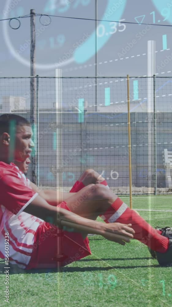 Aufkleber animation of multiple graphs moving over multiracial soccer players practicing crunches on field
