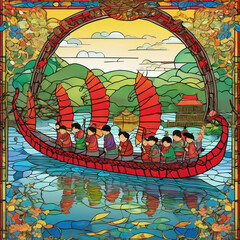 Vibrant Cel-Shaded Dragon Boat Festival Scene in Stained Glass Style