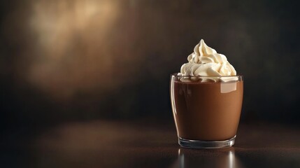 A glass of chocolate beverage topped with whipped cream, set against a dark, softly lit backdrop
