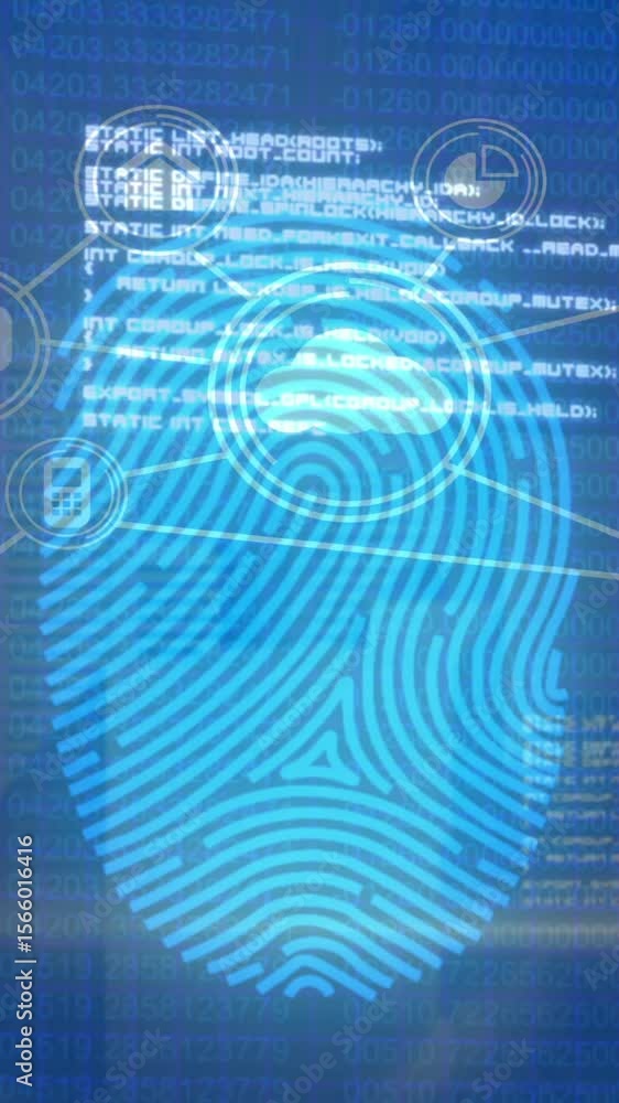 Aufkleber animation of data processing and network of connections over fingerprint icon on blue background