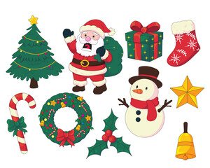 Vector illustration set featuring cute Christmas elements such as Santa Claus, snowman, tree, gift box, star, wreath, bell, stocking, candy cane, and holly leaves. Perfect for festive designs and card