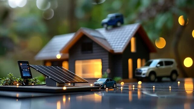 Miniature house with solar panels, small cars, and lights. The composition has warm interior lights contrasting with the dark gray background, creating a cozy atmosphere