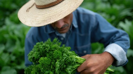 A farmer harvesting fresh produce from a field, organic, farm-to-table