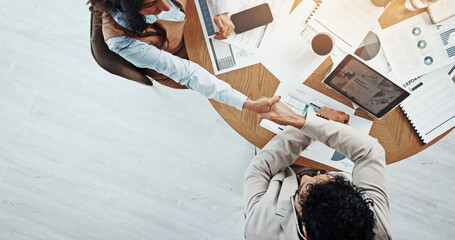 Meeting, people and handshake with client, paperwork and gesture for agreement in boardroom or...