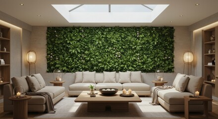 Fototapeta premium Living room with green wall and skylight featuring sofas tables and decorative items in a serene setting