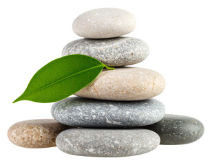  Asymmetrical Stack of Five Pebble Stones with Green Leaf Accent, PNG Isolated