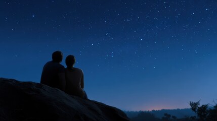 A couple stargazing at night in a remote area, romantic, quiet, clear sky