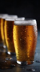 Glasses of craft beer with condensation, refreshing, pub atmosphere