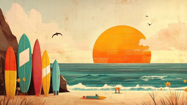 Beach sunset scene with surfboards