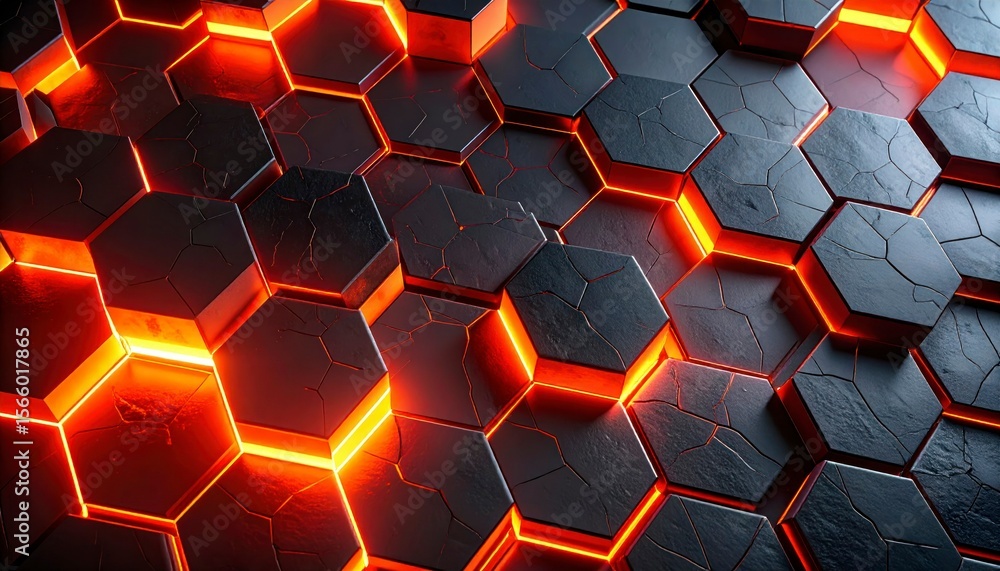 Aufkleber Glowing Orange Hexagon Lava Tiles With Dark Cracked Texture And Futuristic 3D Rendering Isolated Background