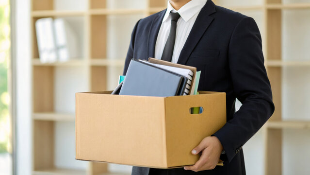 Economic crisis job loss,employment layoff concept. Unemployed man suit holding box with office. worker unemployment,fired employee,corporate,recession,cut,termination,notice,downsizing,staff