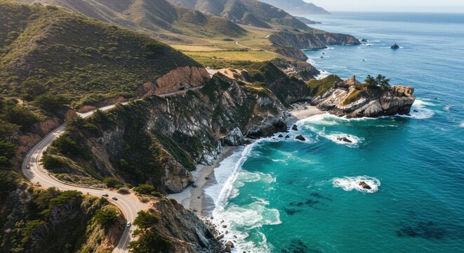 Aerial view of big sur coastline with winding road and turquoise ocean water on a sunny day