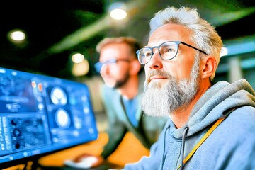 Experienced Engineers or Scientists Collaborating on Advanced Computer-Aided Research. 