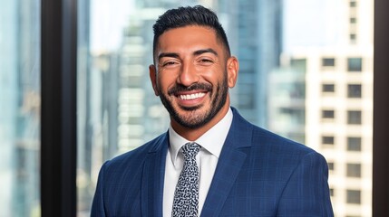 Fototapeta premium Confident professional in navy suit, exuding leadership with sharp natural lighting 