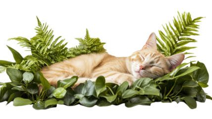 Brown cat sleeping peacefully on green grass in natural daylight showing relaxed posture and soft fur texture calm outdoor scene captured in high detail isolated on white background