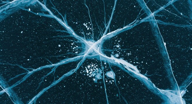 Aerial view of cracked ice surface with white spots and blue veins on a frozen lake in the winter