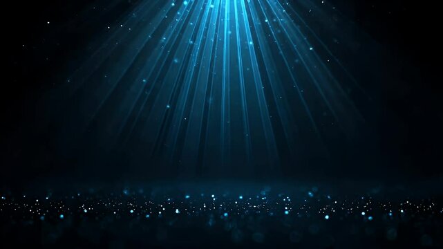 Ethereal blue light rays illuminating a dark background with sparkling particles, creating a magical atmosphere
