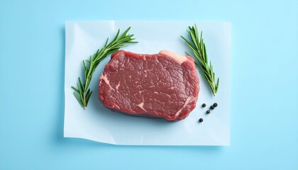 Raw Beef Steak On White Paper With Rosemary Sprigs And Black Peppercorns On Light Blue Background Isolated Background