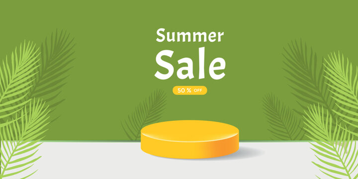 Summer sale color banner. Podium 3d realistic, tropical leaves on green background. Card for business, season promotion, marketing in online shopping. Vector illustration 