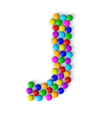 J made of colorful chocolate candy isolated on transparent background. 3d chocolate candy Alphabet.
