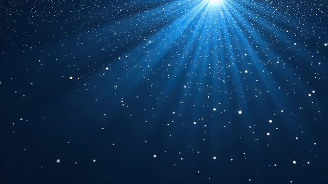 Ethereal blue rays of light penetrate through a starry night sky, creating a serene and magical atmosphere