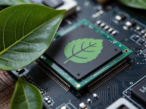 Green leaf symbol on computer chip technology circuit board