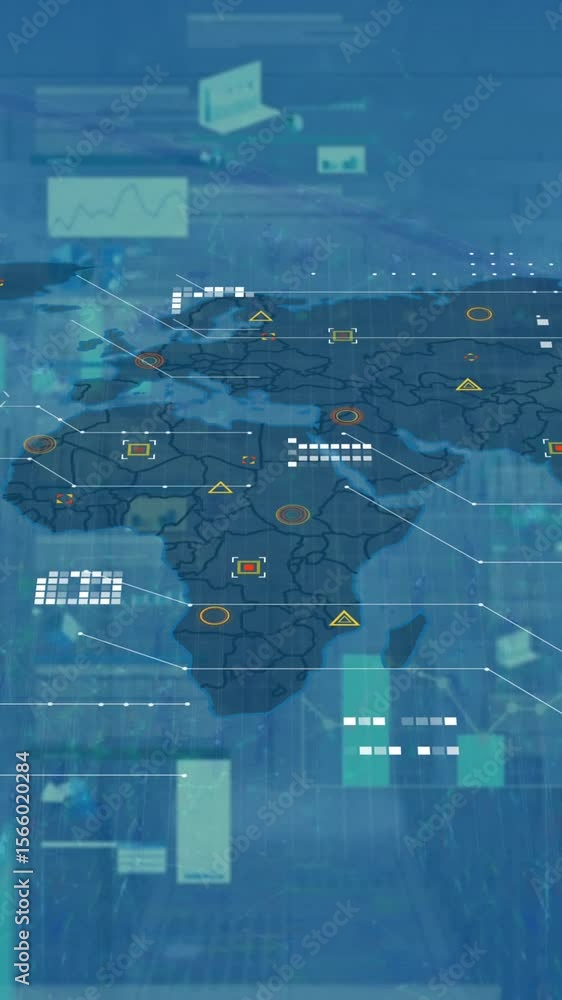 Poster animation of data processing and world map over server room