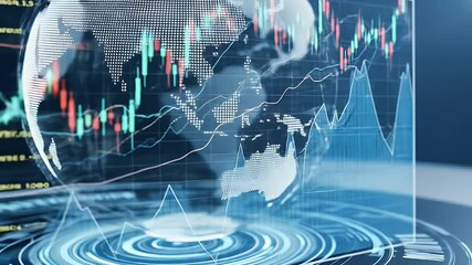 Global financial indicators displayed on world map charting business trends - Powered by Adobe