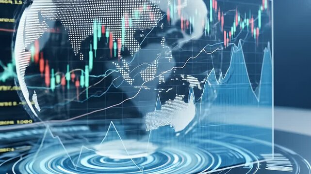 Global financial indicators displayed on world map charting business trends